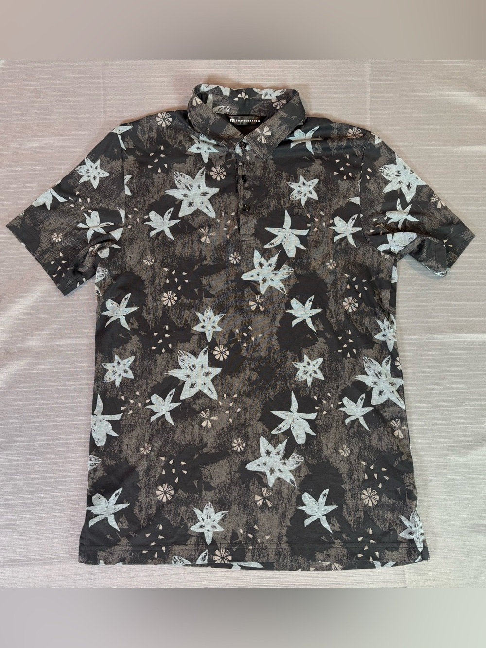 TravisMathew Floral Golf Polo Shirt Medium Performance Stretch Black Gray Men